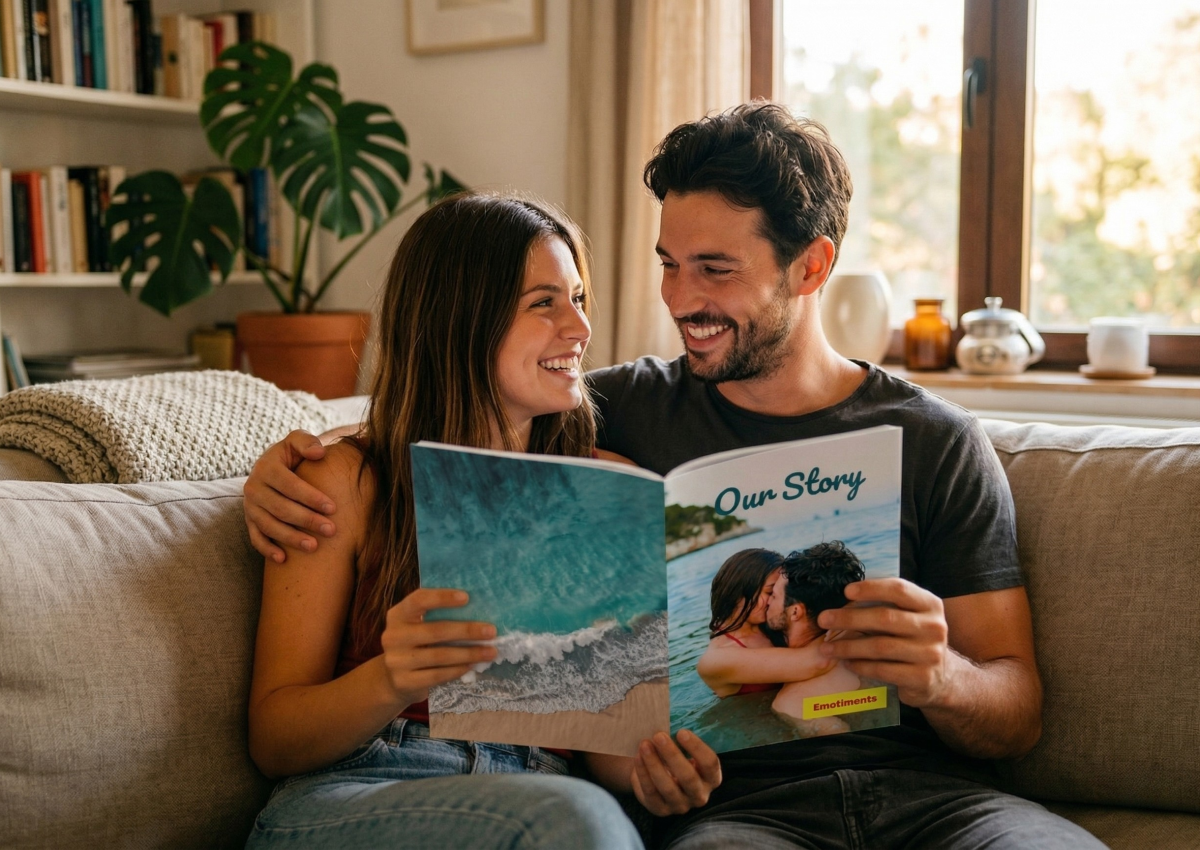 Pareja disfrutando de su álbum de cromos personalizado Emotiments en el sofá – regalo original para parejas